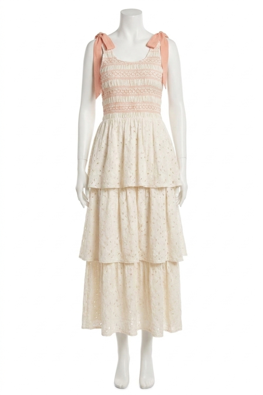 NEW LISTICLE smocked tie shoulder lace maxi dress in cream
